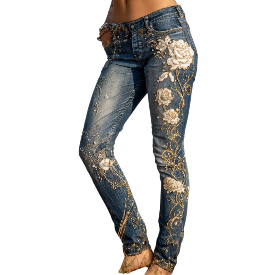 Retro Floral Print Jeans High Waist Slim Imitation Jeans Elegant Casual Trousers